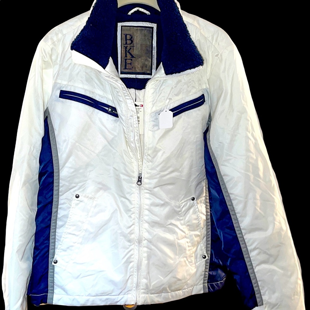 buckle white navy silver flight satin sherpa jacket | men’s large